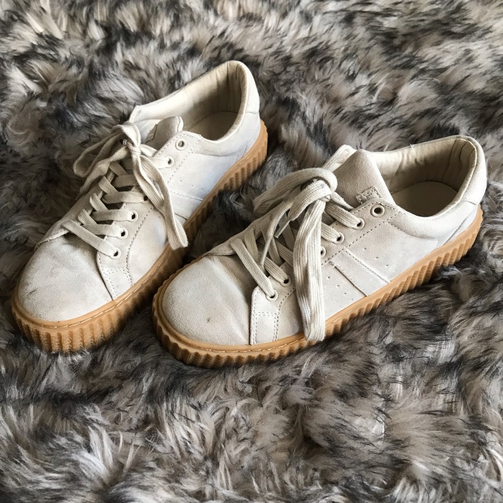 beige nude faux suede platform sneakers